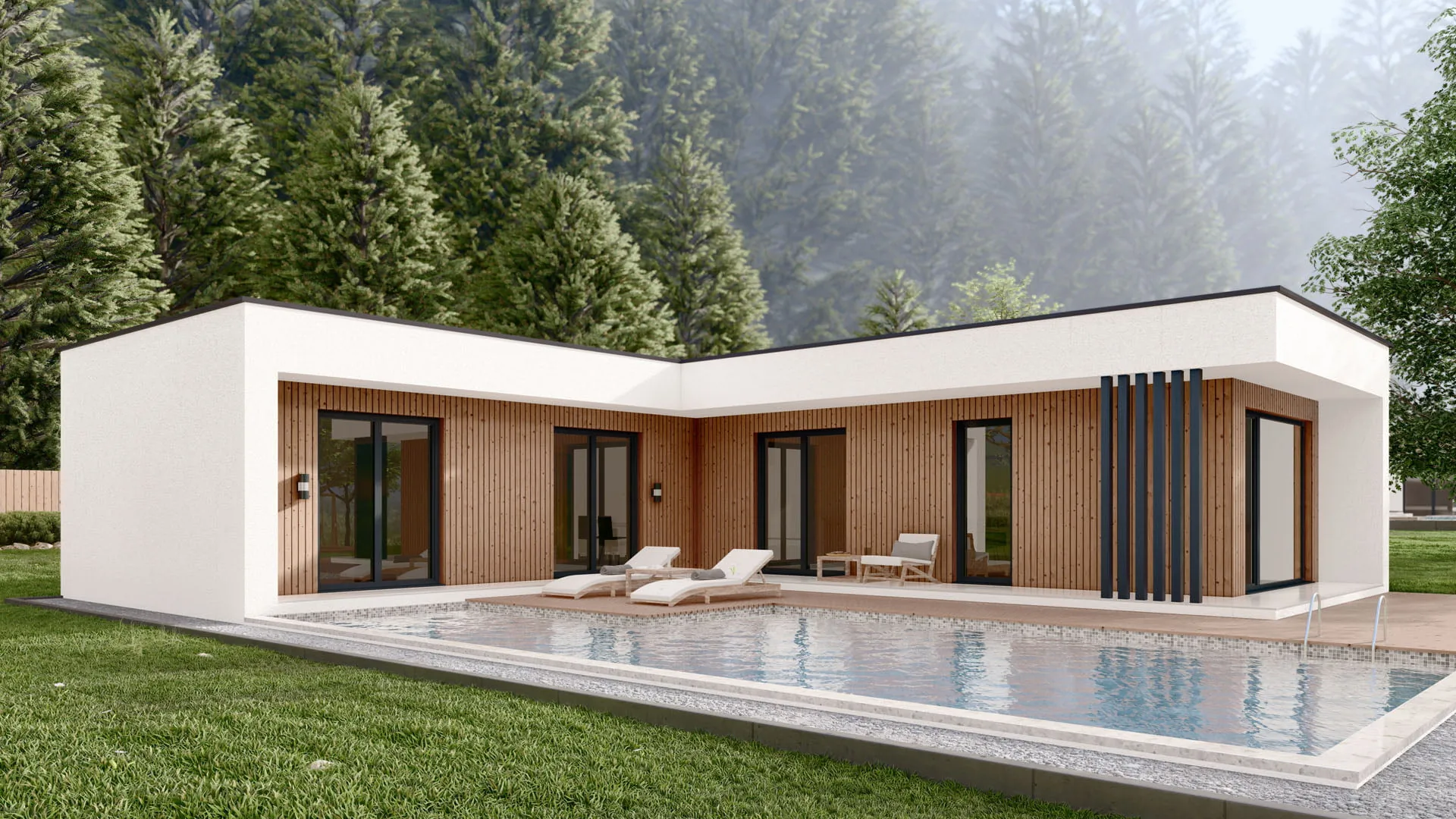Moderní dřevostavba typu Village – Moderní L-bungalov s krytou terasou a bazénem