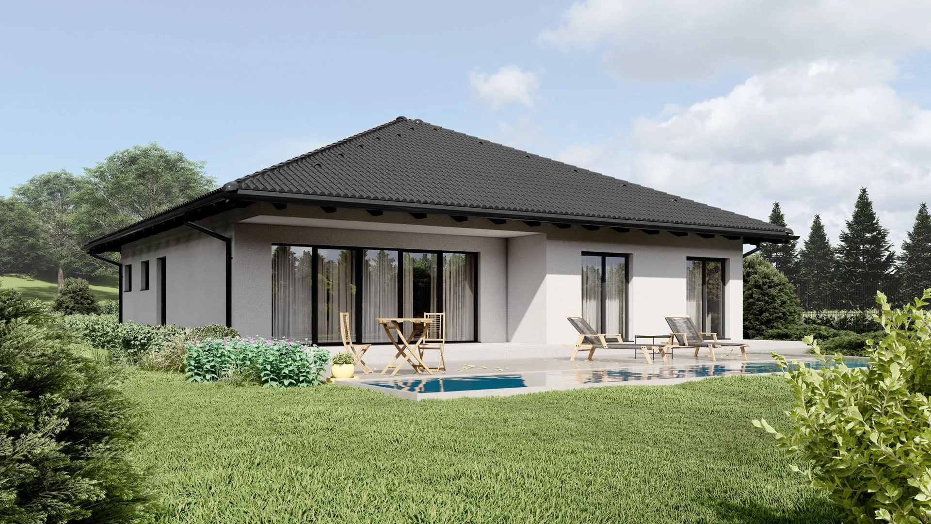 Moderní dřevostavba typu Rulzheim – Klasický rodinný bungalov s valbovou střechou a bazénem