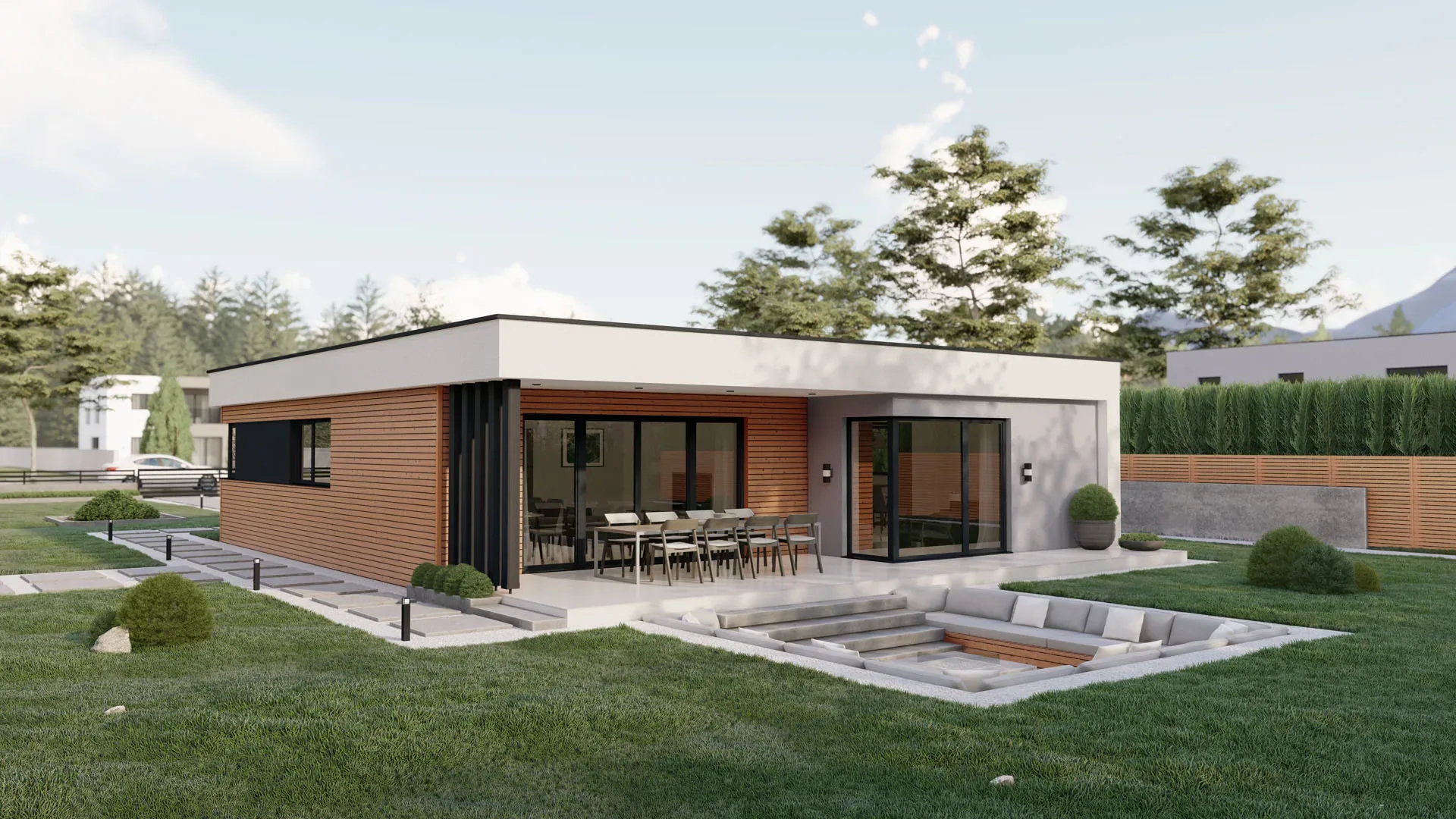 Moderní dřevostavba typu Luna – Velkorysý rodinný bungalov s integrovaným přístřeškem