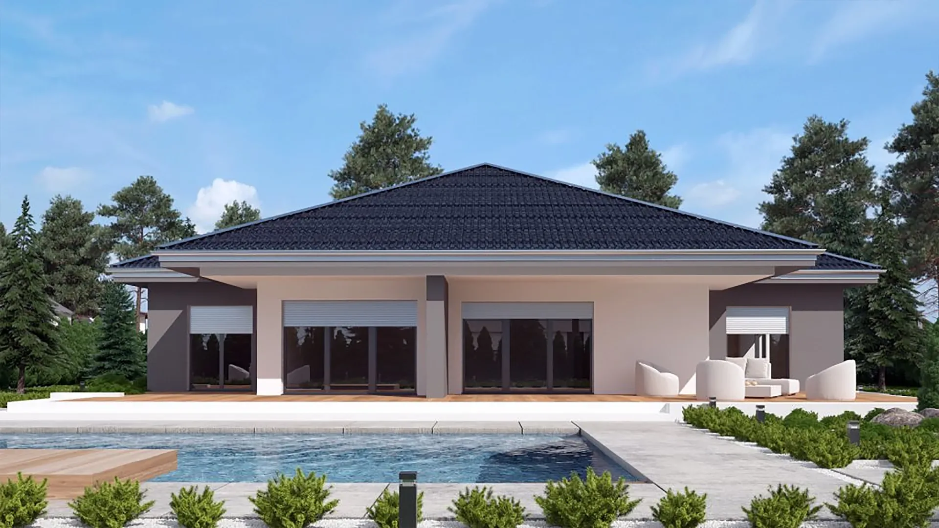 Moderní dřevostavba typu Ecomode – Vlajkový bungalov s panoramatickým proskleným průčelím