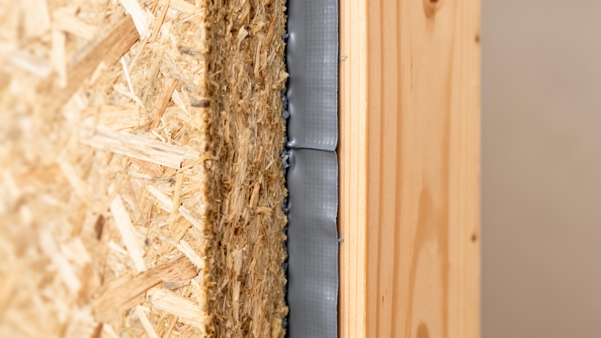 Makro detail dřevovláknité izolace a precizně nalepené vzduchotěsné pásky na spoji OSB desky